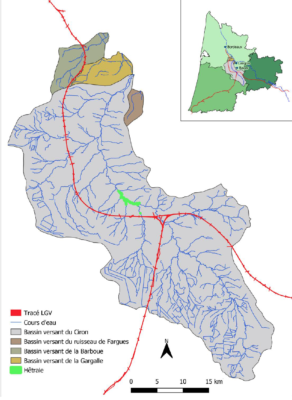 L’emprise du projet de LGV sur les quatre bassins versants du territoire de compétence du Syndicat du Ciron.