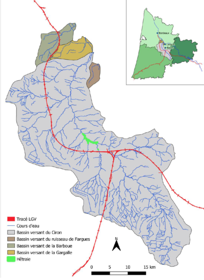 L’emprise du projet de LGV sur les quatre bassins versants du territoire de compétence du Syndicat du Ciron.